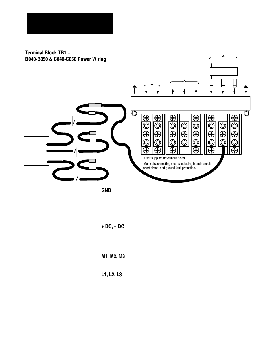 Dc, - dc, M1, m2, m3, L1, l2, l3 | Connect the motor leads to these terminals | Rockwell Automation 1336 3-20HP FRN 1.01-3.01 User Manual | Page 55 / 120