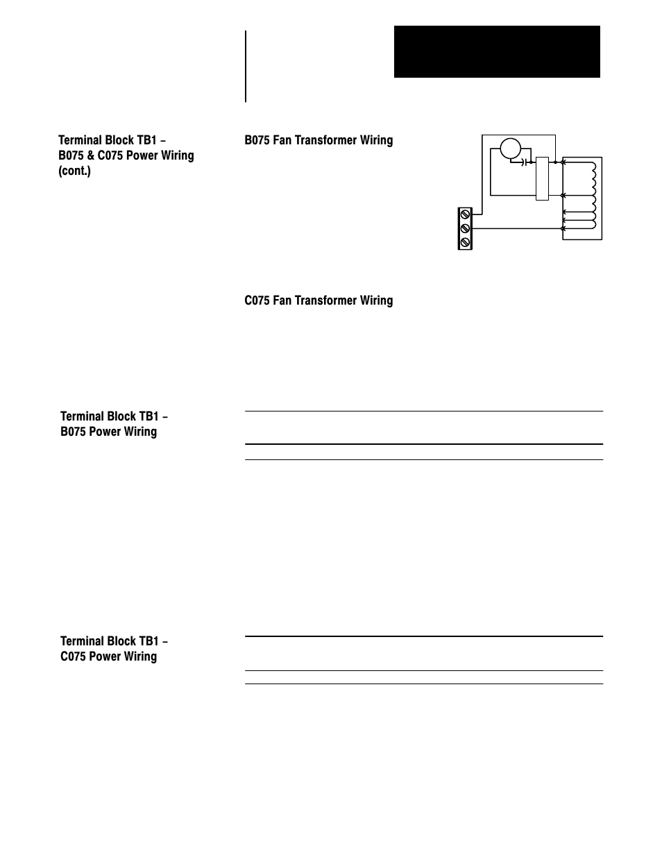 Terminal block tb1 - b075 power wiring, Terminal block tb1 - c075 power wiring, B075 fan transformer wiring | Rockwell Automation 1336 3-20HP FRN 1.01-3.01 User Manual | Page 58 / 120