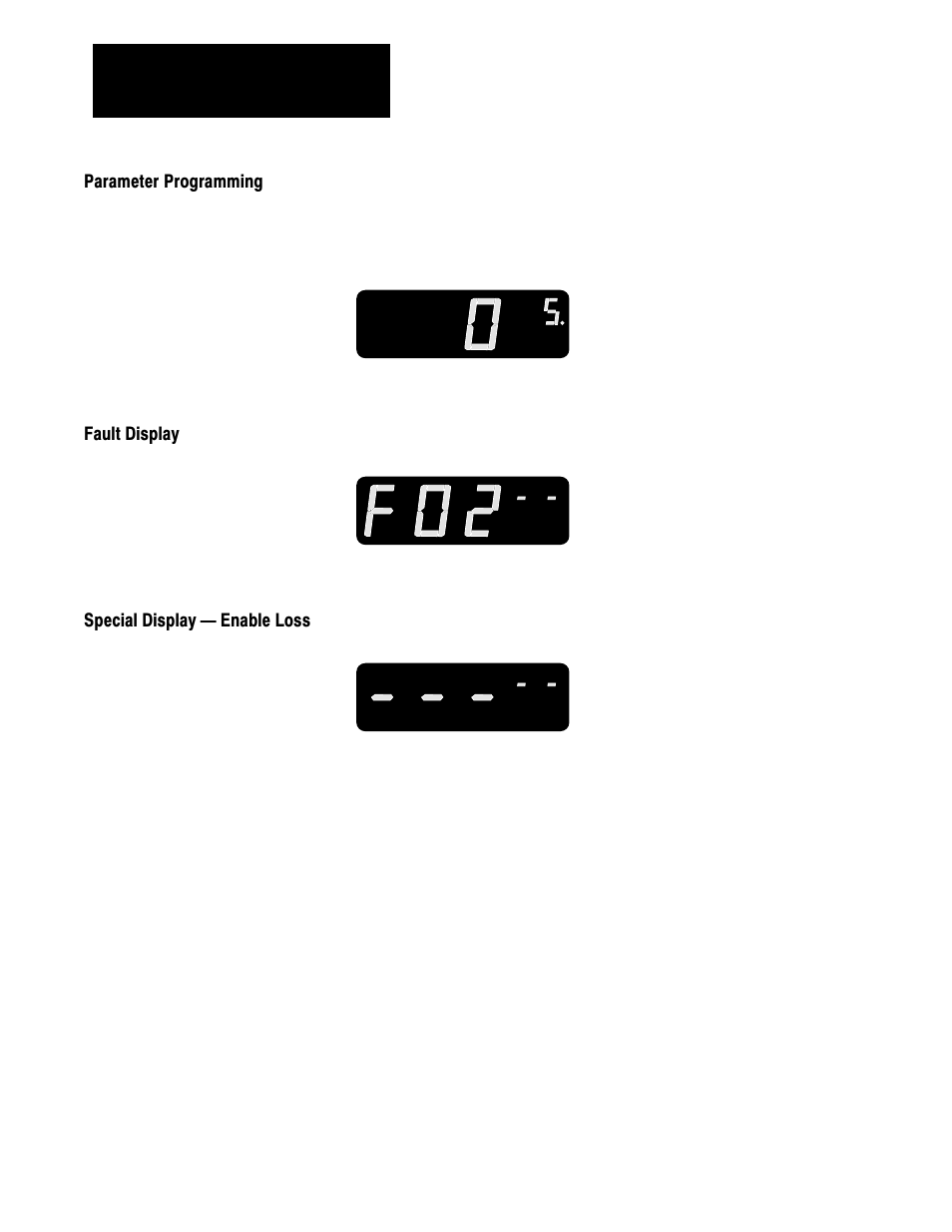 Parameter programming, Fault display, Special display enable loss | Special display ċ enable loss, Two dashes appear if a fault has occurred, All dashes appear if an enable loss has occurred | Rockwell Automation 1336 3-20HP FRN 1.01-3.01 User Manual | Page 76 / 120