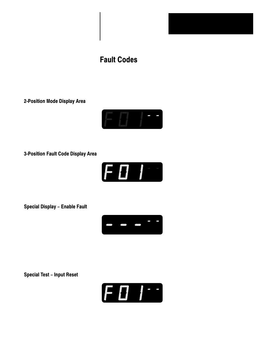 10 - fault codes, 2 position mode display area, 3 position fault code display area | Special display - enable fault, Special test - input reset, Fault codes | Rockwell Automation 1336 3-20HP FRN 1.01-3.01 User Manual | Page 92 / 120