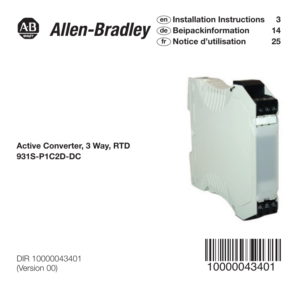 Rockwell Automation 931S-P1C2D-DC Active Converter, Universal RTD User Manual | 35 pages