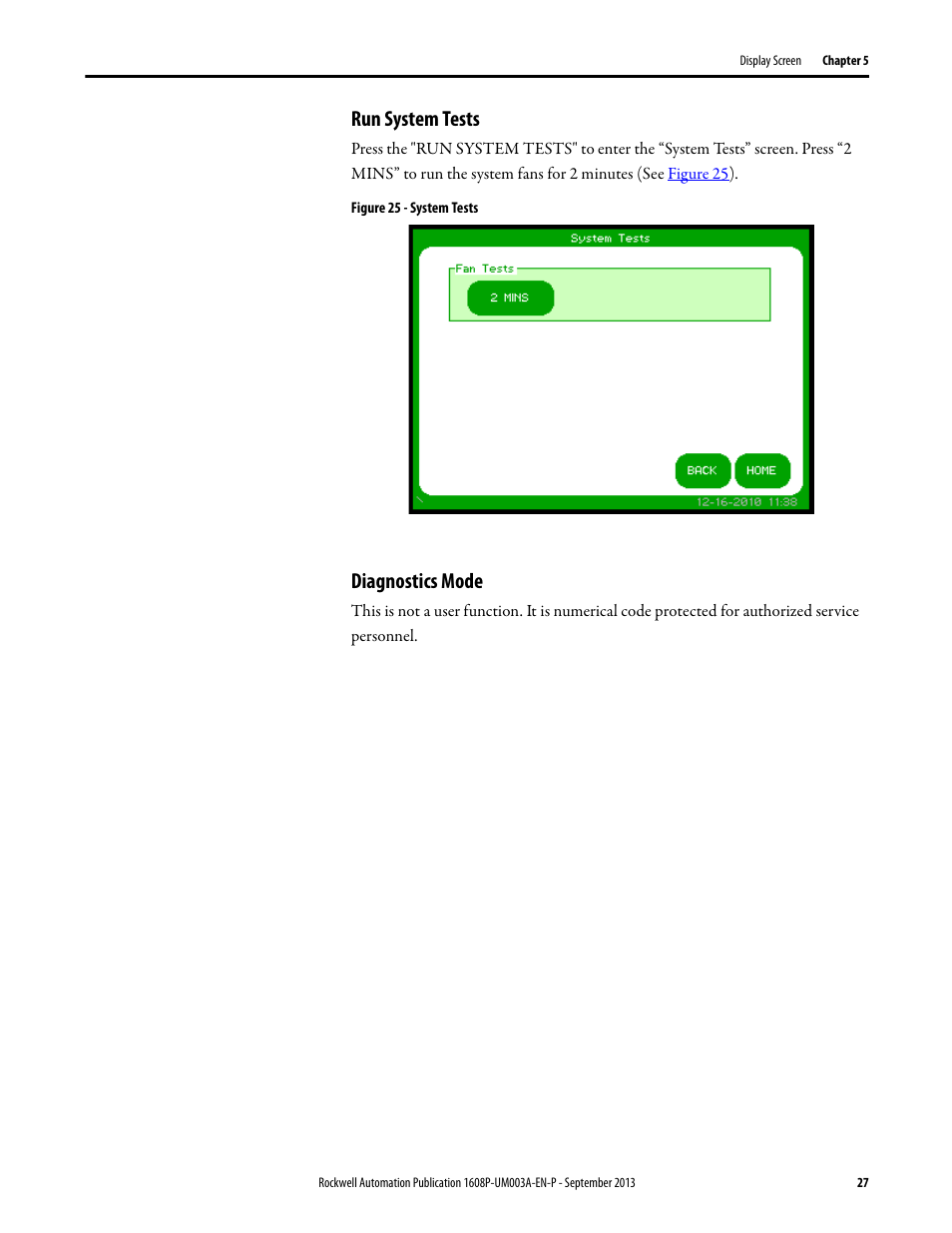 Run system tests, Figure 25 - system tests, Diagnostics mode | Run system tests diagnostics mode | Rockwell Automation 1608P ProDySC User Manual, 200 A User Manual | Page 27 / 36
