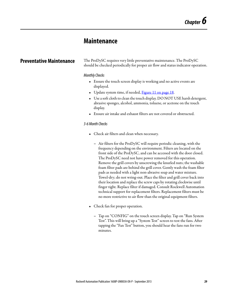 Chapter 6, Maintenance, Preventative maintenance | Monthly checks, 6 month checks, Ch 6 - maintenance, Chapter | Rockwell Automation 1608P ProDySC User Manual, 200 A User Manual | Page 29 / 36