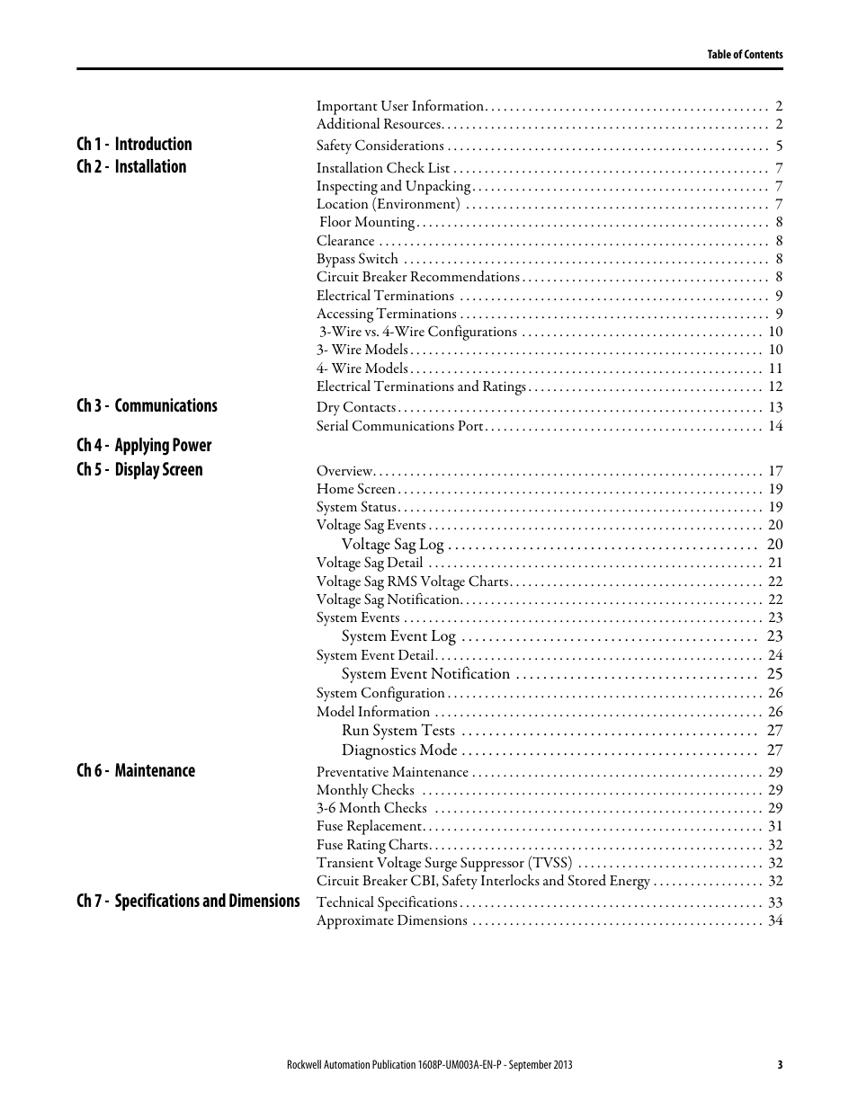 Ch 1 - introduction, Ch 2 - installation, Ch 3 - communications | Ch 4 - applying power, Ch 5 - display screen, Ch 6 - maintenance, Ch 7 - specifications and dimensions | Rockwell Automation 1608P ProDySC User Manual, 200 A User Manual | Page 3 / 36