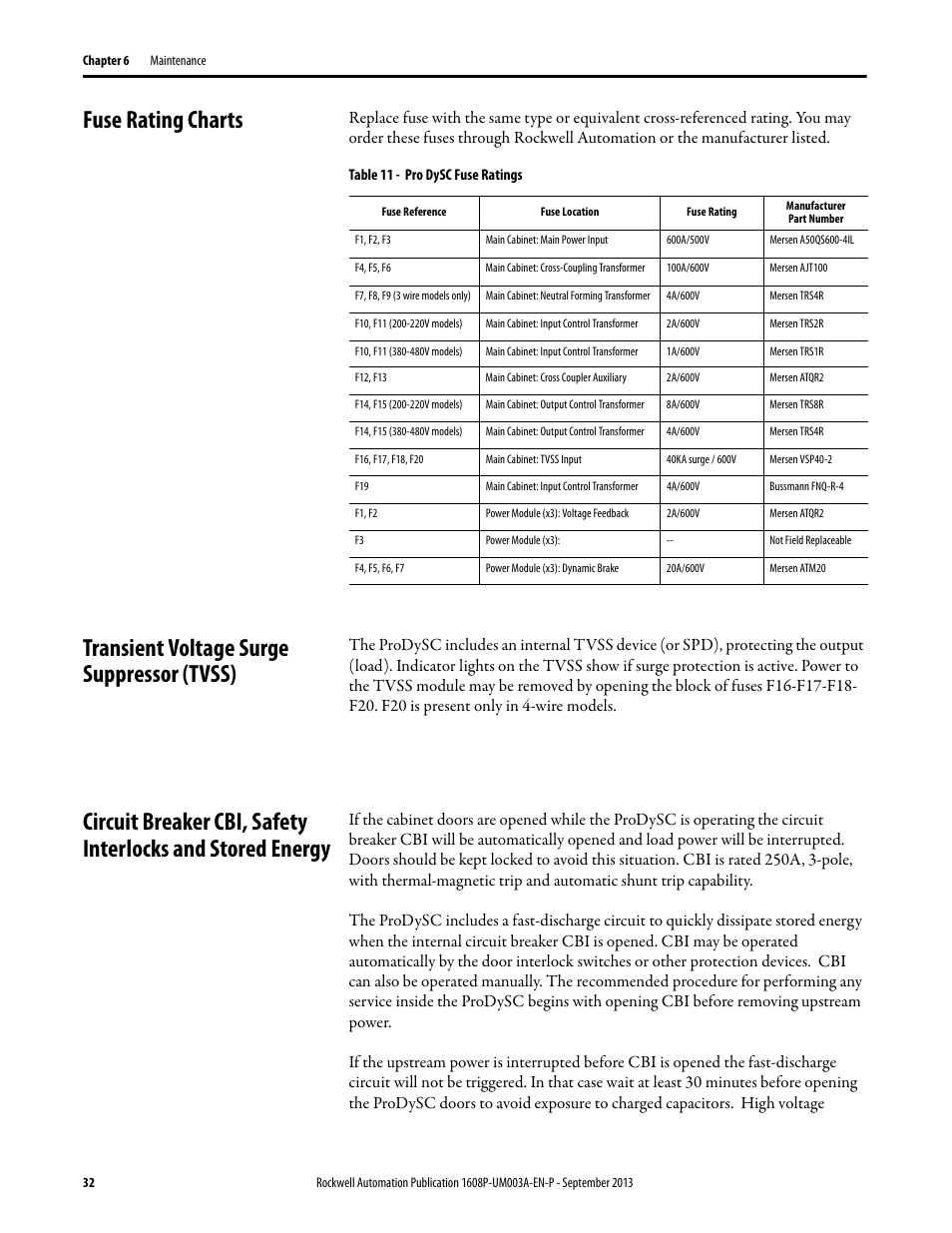 Fuse rating charts, Table 11 - pro dysc fuse ratings, Transient voltage surge suppressor (tvss) | Rockwell Automation 1608P ProDySC User Manual, 200 A User Manual | Page 32 / 36