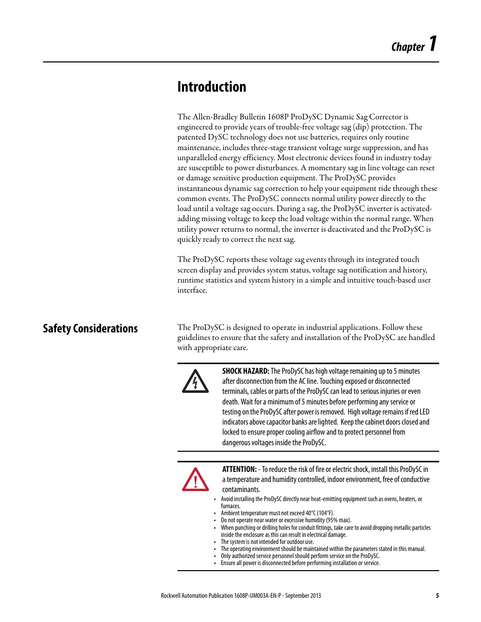 Chapter 1, Introduction, Safety considerations | Ch 1 - introduction, Chapter | Rockwell Automation 1608P ProDySC User Manual, 200 A User Manual | Page 5 / 36