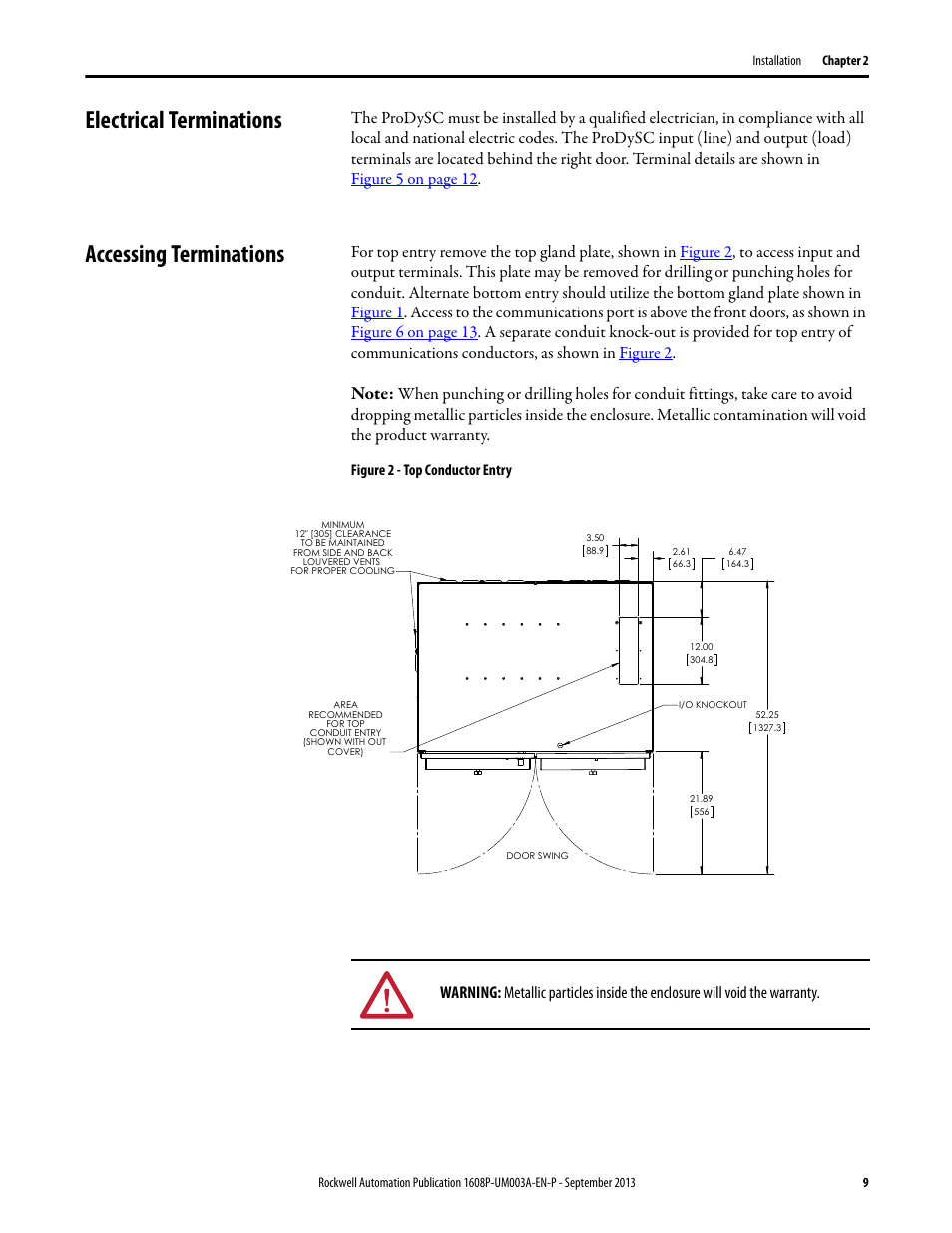 Electrical terminations, Accessing terminations, Figure 2 - top conductor entry | Electrical terminations accessing terminations | Rockwell Automation 1608P ProDySC User Manual, 200 A User Manual | Page 9 / 36