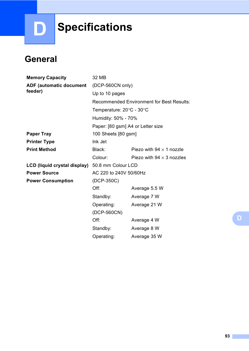 D specifications, General, Specifications | Brother DCP-560CN User Manual | Page 101 / 118