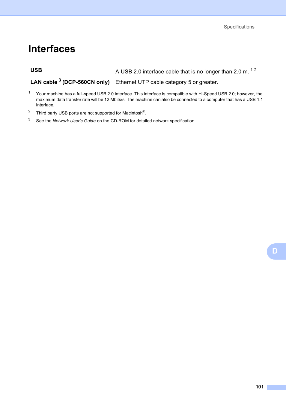 Interfaces | Brother DCP-560CN User Manual | Page 109 / 118