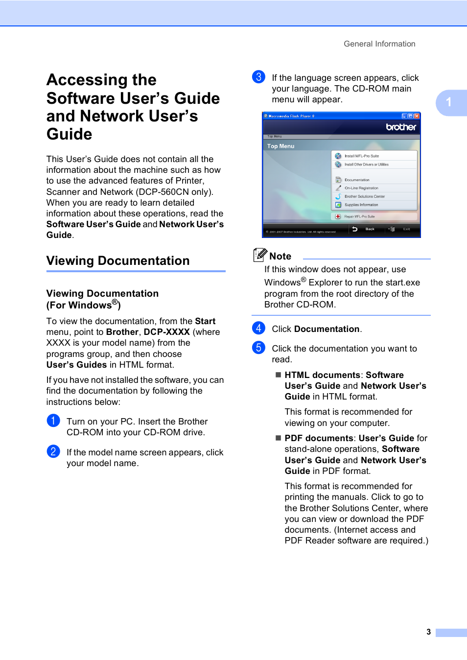 Viewing documentation, Viewing documentation (for windows®) | Brother DCP-560CN User Manual | Page 11 / 118