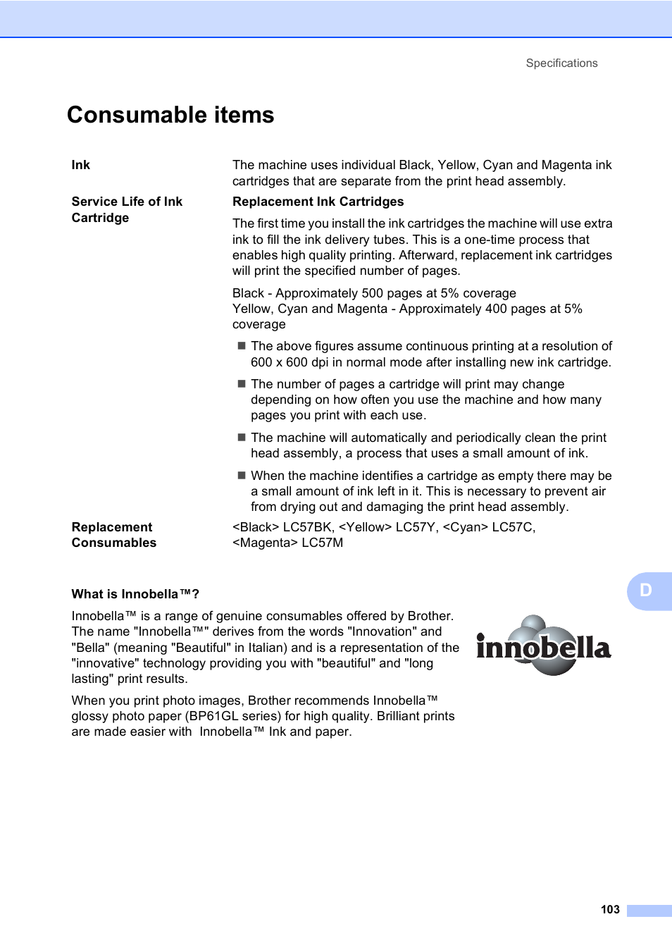 Consumable items | Brother DCP-560CN User Manual | Page 111 / 118