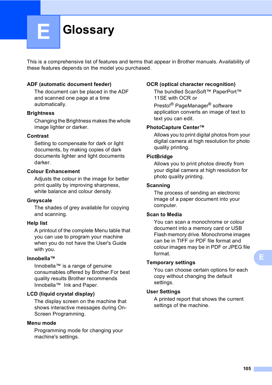 E glossary, Glossary | Brother DCP-560CN User Manual | Page 113 / 118