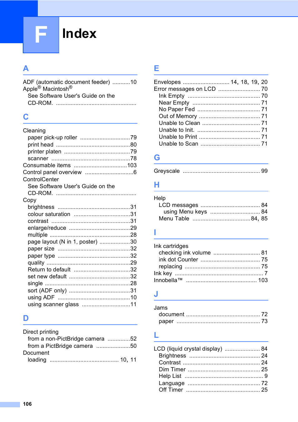 Index | Brother DCP-560CN User Manual | Page 114 / 118