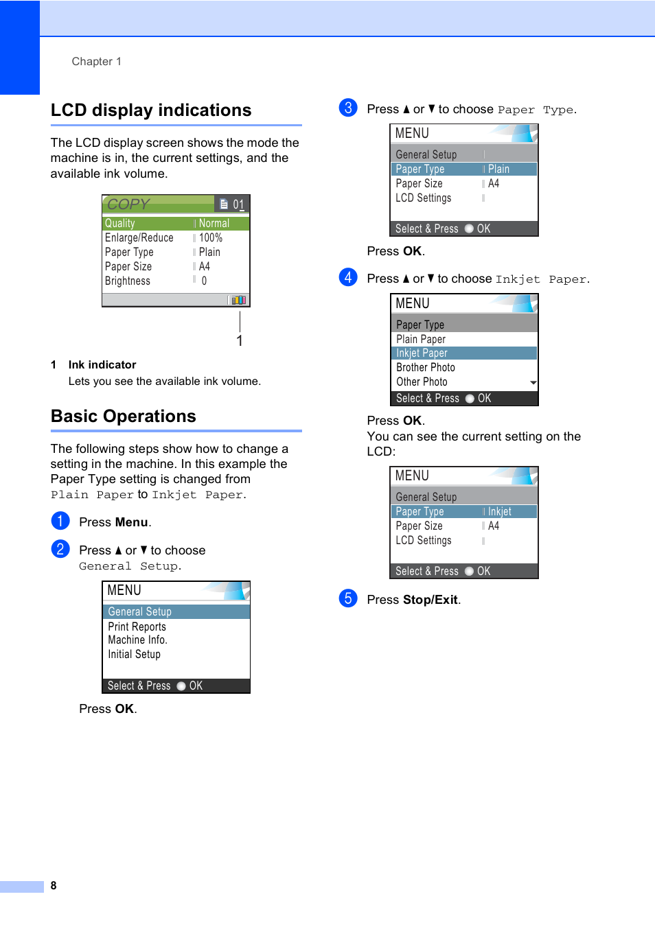 Lcd display indications, Basic operations, Lcd display indications basic operations | Copy, Menu | Brother DCP-560CN User Manual | Page 16 / 118