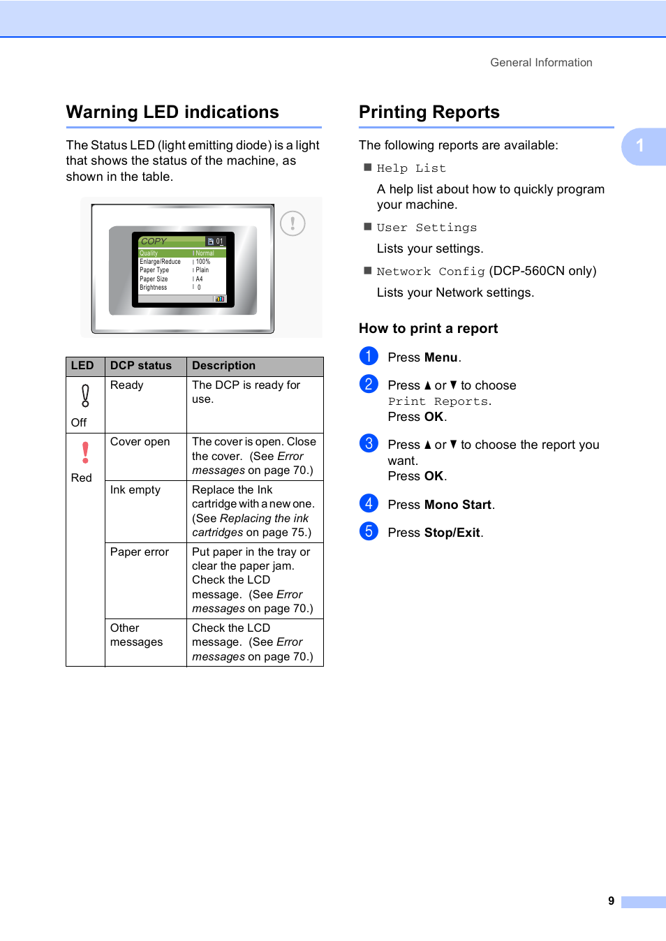 Warning led indications, Printing reports, How to print a report | Warning led indications printing reports, 1warning led indications | Brother DCP-560CN User Manual | Page 17 / 118