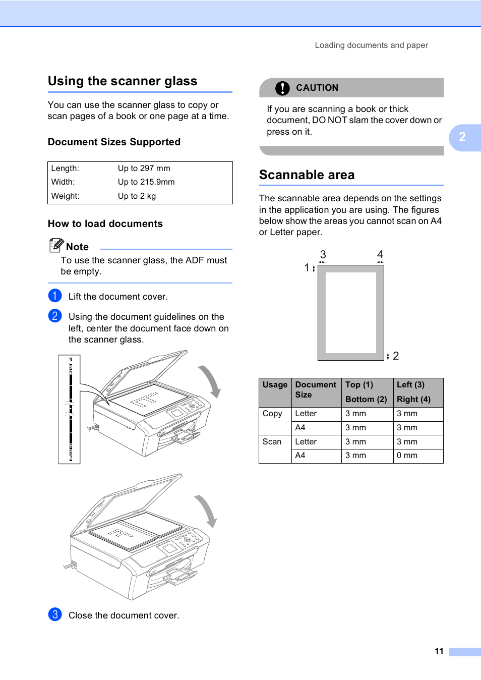 Using the scanner glass, Document sizes supported, How to load documents | Scannable area, Using the scanner glass scannable area, 2using the scanner glass | Brother DCP-560CN User Manual | Page 19 / 118