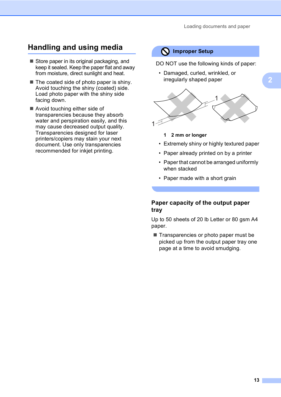 Handling and using media, Paper capacity of the output paper tray, 2handling and using media | Brother DCP-560CN User Manual | Page 21 / 118