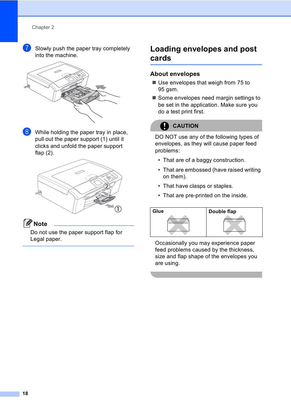 Loading envelopes and post cards, About envelopes, Do not use the paper support flap for legal paper | Brother DCP-560CN User Manual | Page 26 / 118