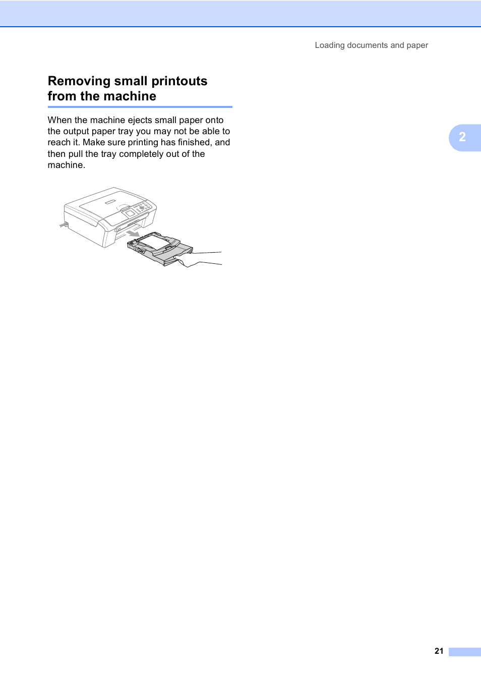 Removing small printouts from the machine, 2removing small printouts from the machine | Brother DCP-560CN User Manual | Page 29 / 118