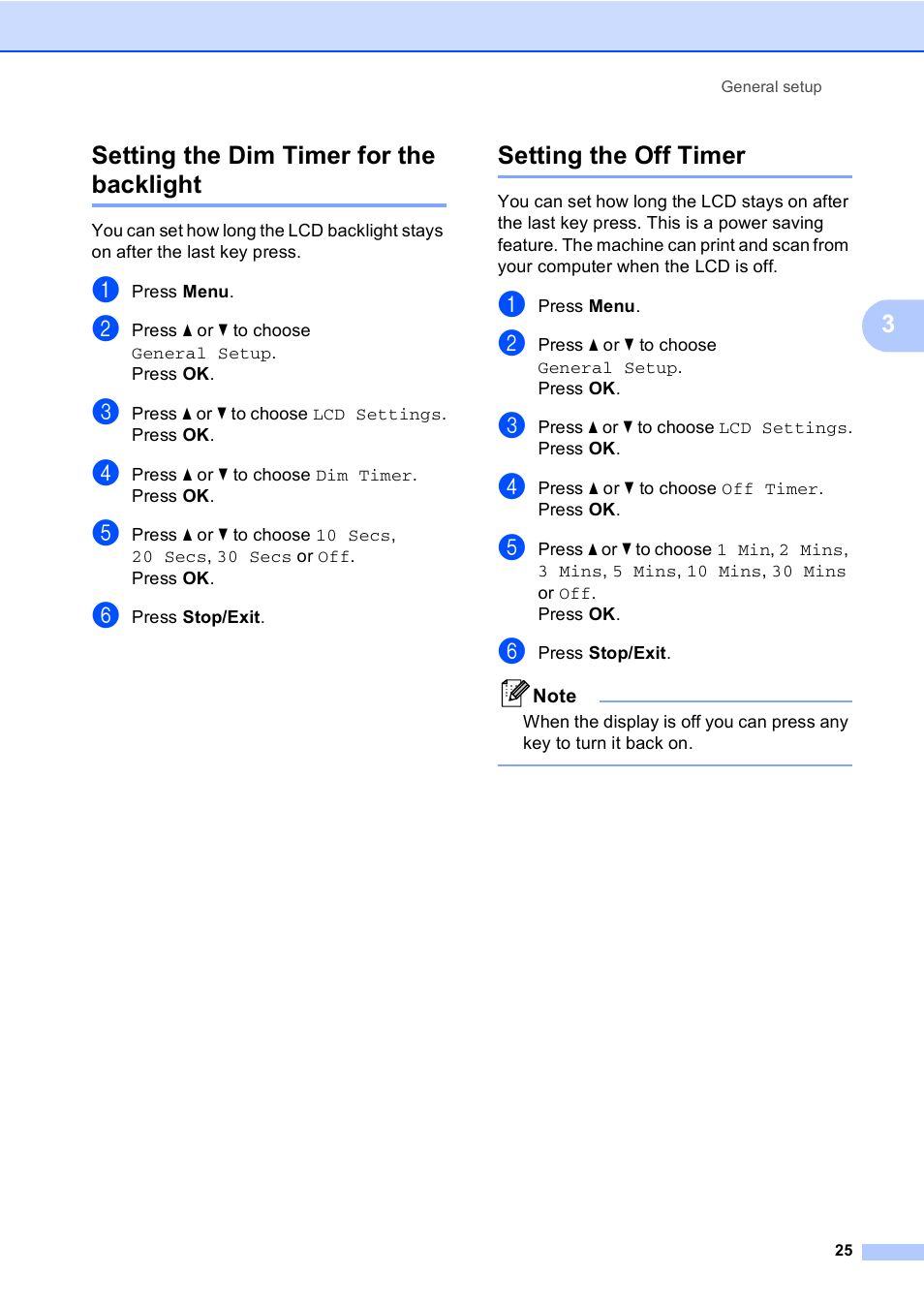 Setting the dim timer for the backlight, Setting the off timer, 3setting the dim timer for the backlight | Brother DCP-560CN User Manual | Page 33 / 118