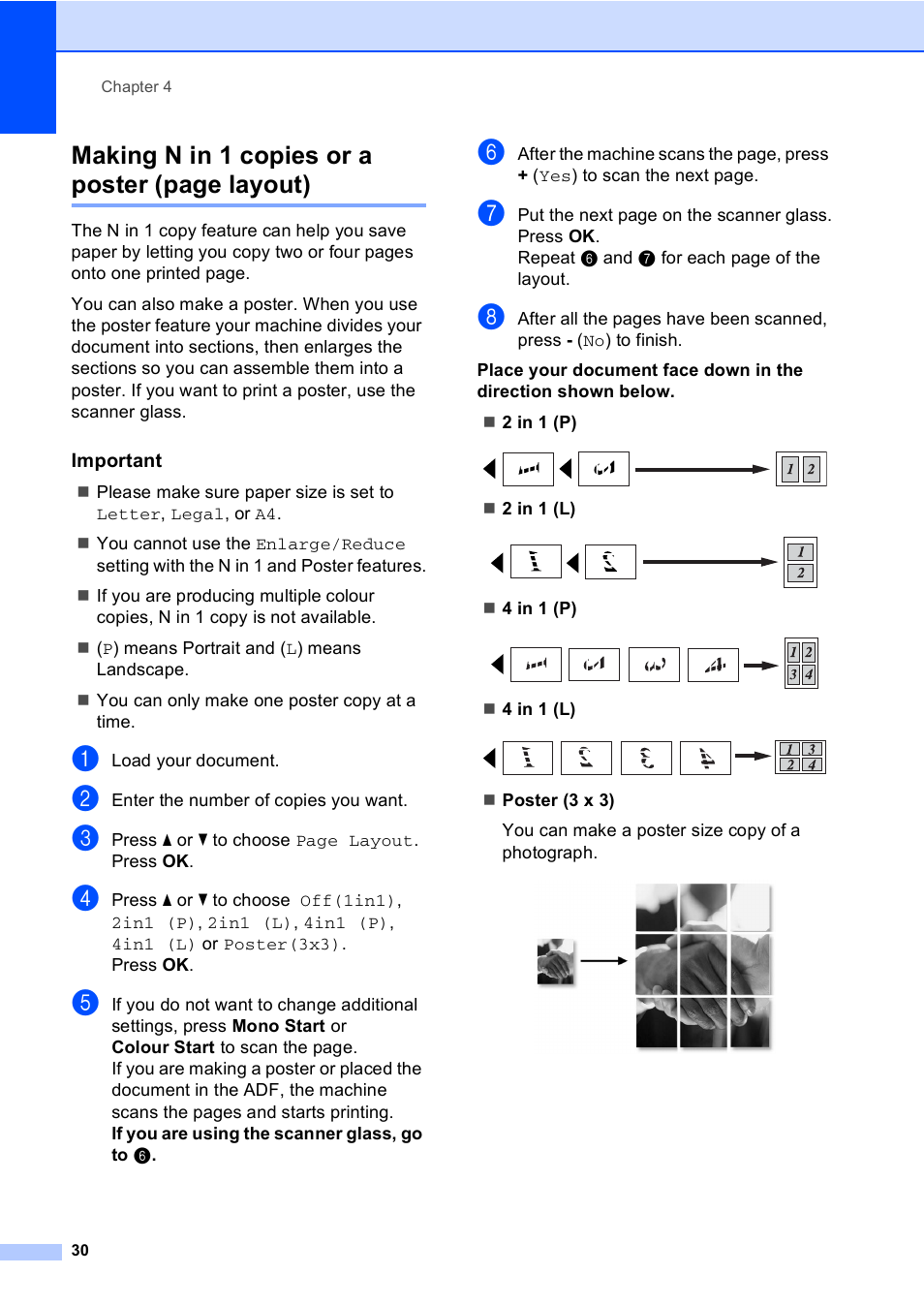 Important, Making n in 1 copies or a poster (page layout) | Brother DCP-560CN User Manual | Page 38 / 118