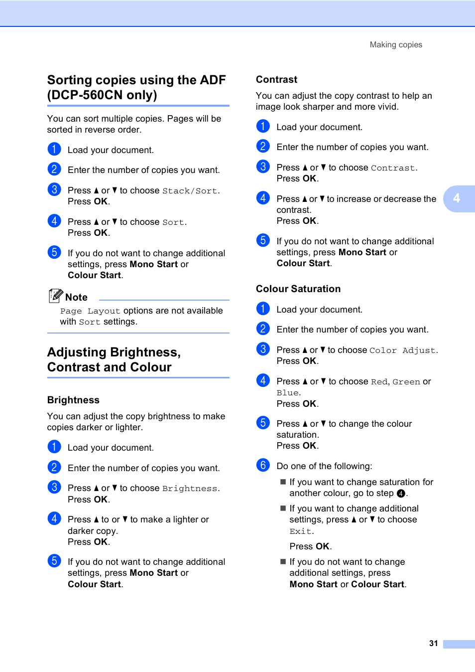 Sorting copies using the adf (dcp-560cn only), Adjusting brightness, contrast and colour, Brightness | Contrast, Colour saturation, Sorting copies using, 4sorting copies using the adf (dcp-560cn only) | Brother DCP-560CN User Manual | Page 39 / 118