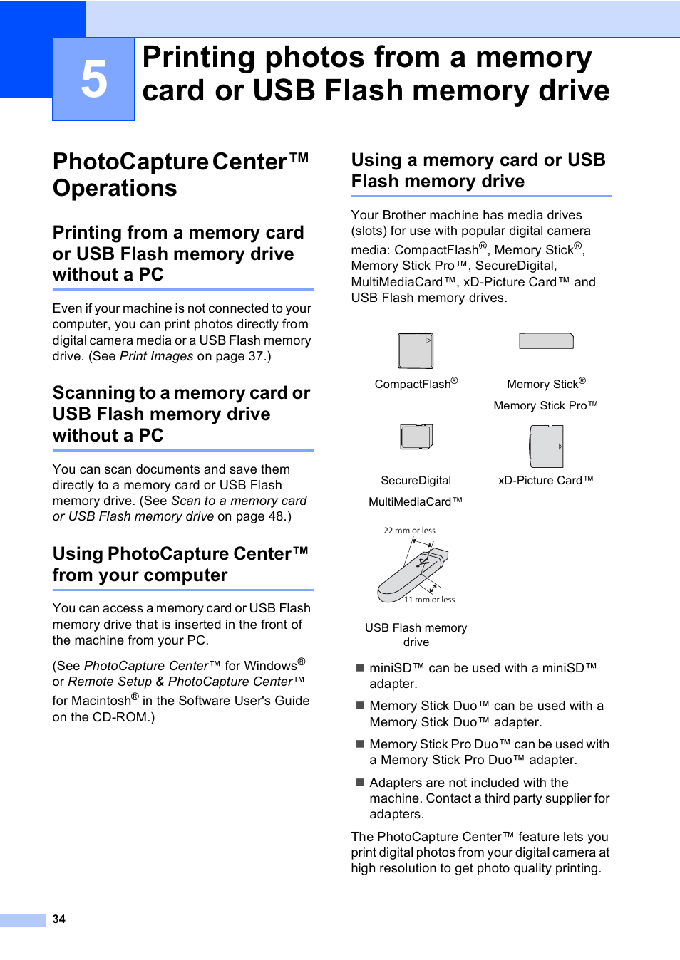 Photocapture center™ operations, Using photocapture center™ from your computer, Using a memory card or usb flash memory drive | Brother DCP-560CN User Manual | Page 42 / 118