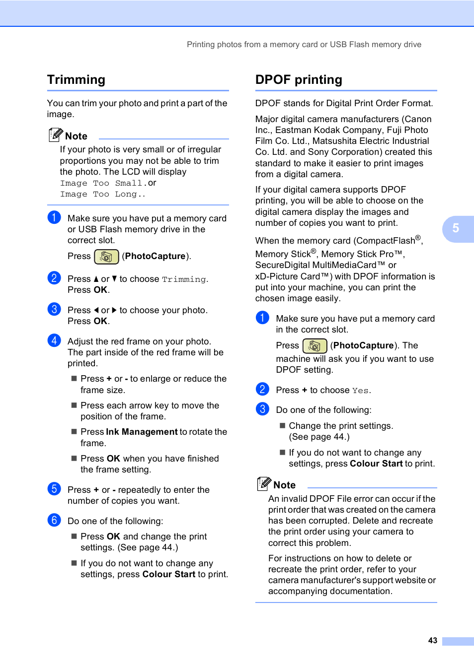 Trimming, Dpof printing, Trimming dpof printing | 5trimming | Brother DCP-560CN User Manual | Page 51 / 118