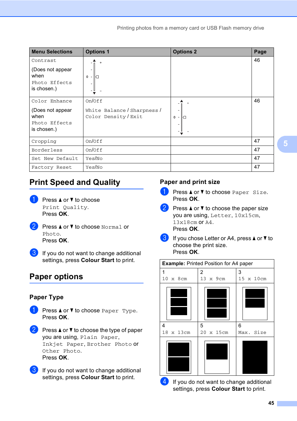 Print speed and quality, Paper options, Paper type | Paper and print size, Print speed and quality paper options, 5print speed and quality | Brother DCP-560CN User Manual | Page 53 / 118