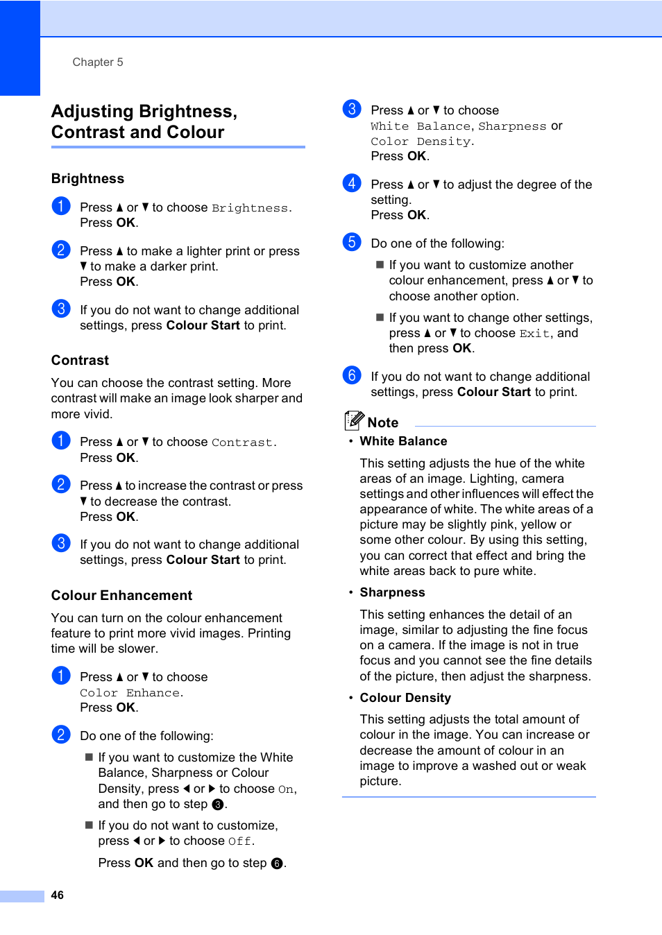 Adjusting brightness, contrast and colour, Brightness, Contrast | Colour enhancement | Brother DCP-560CN User Manual | Page 54 / 118