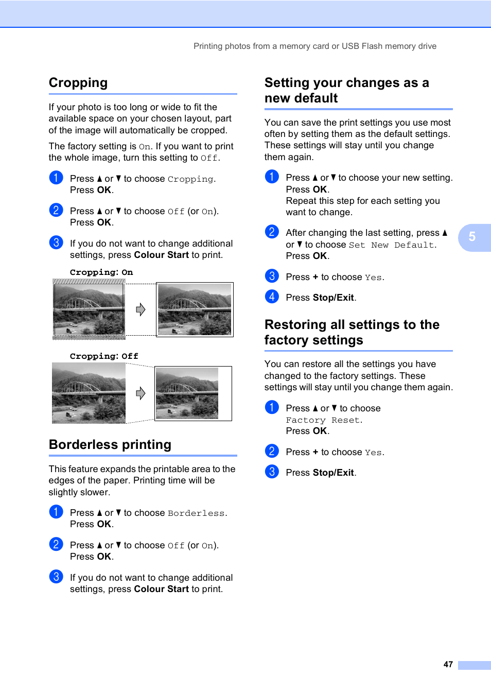 Cropping, Borderless printing, Setting your changes as a new default | Restoring all settings to the factory settings, 5cropping | Brother DCP-560CN User Manual | Page 55 / 118