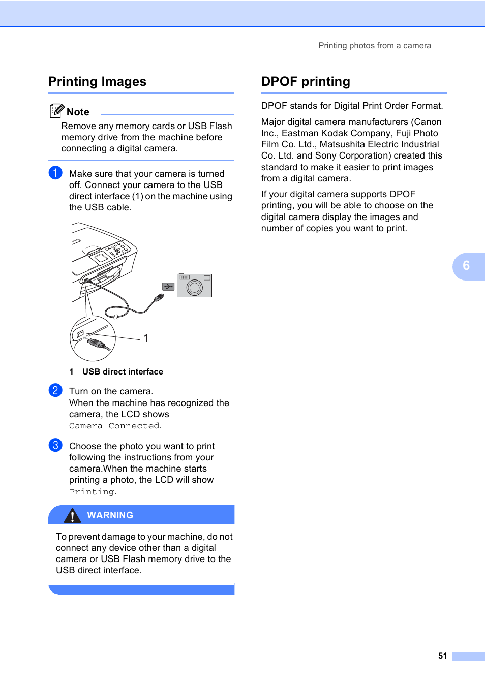 Printing images, Dpof printing, Printing images dpof printing | 6printing images | Brother DCP-560CN User Manual | Page 59 / 118