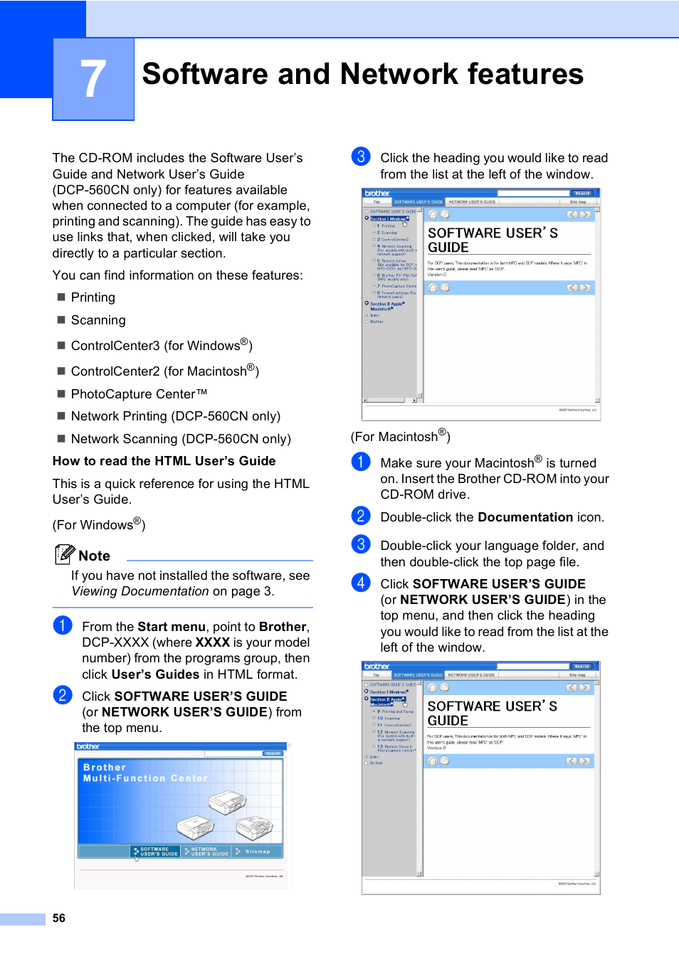 7 software and network features, Software and network features | Brother DCP-560CN User Manual | Page 64 / 118