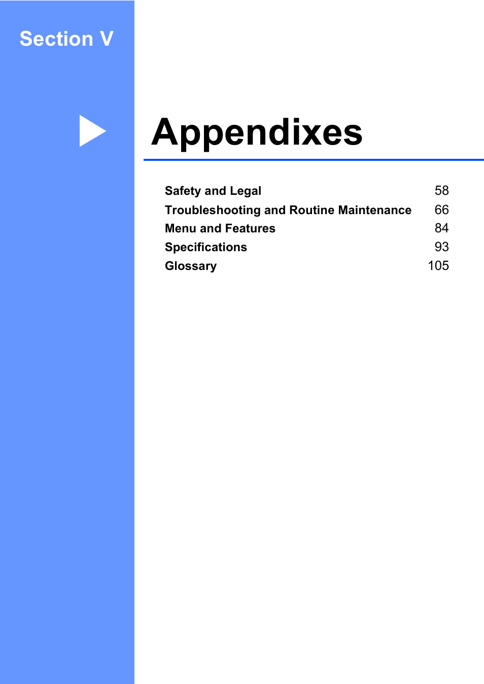 Section v: appendixes, Section v appendixes, Appendixes | Brother DCP-560CN User Manual | Page 65 / 118