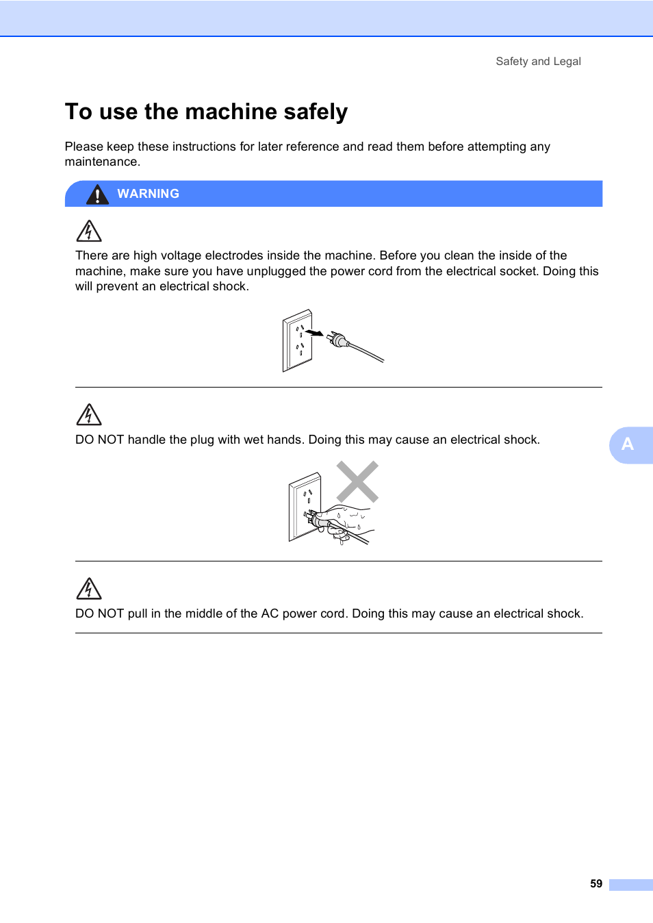 To use the machine safely, Safety and legal 59 | Brother DCP-560CN User Manual | Page 67 / 118