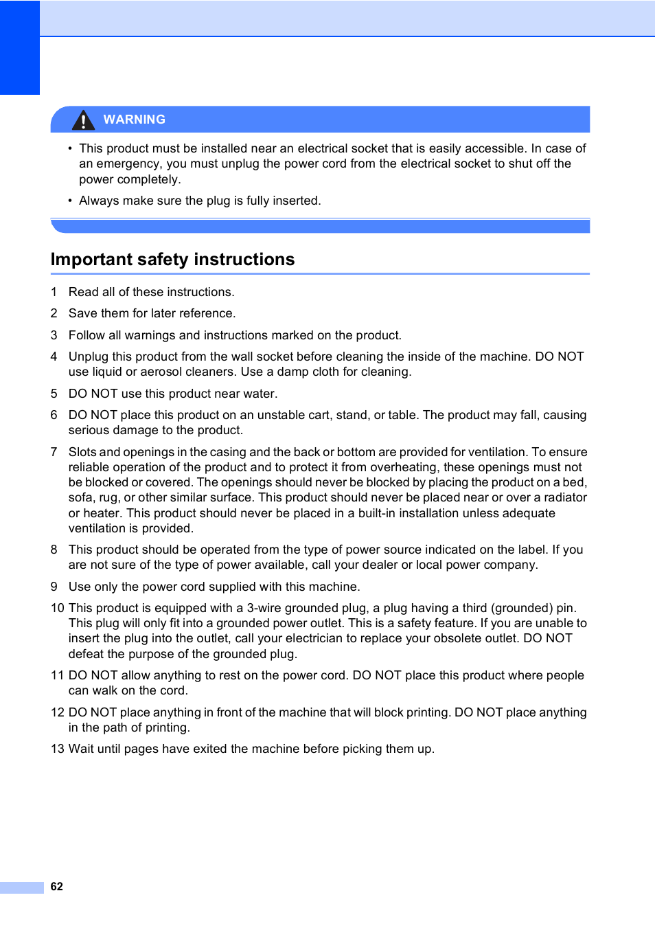 Important safety instructions | Brother DCP-560CN User Manual | Page 70 / 118