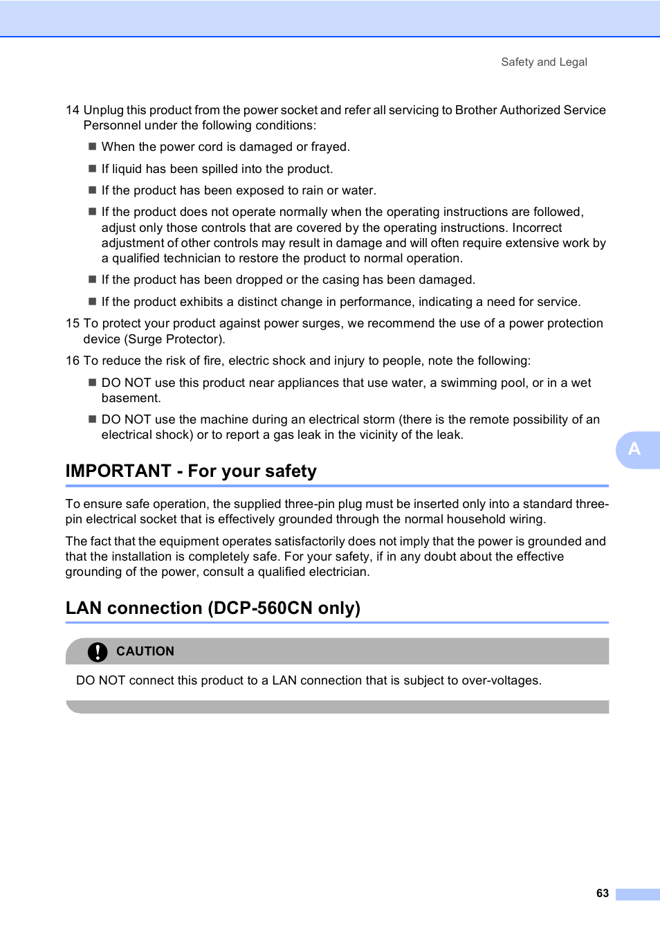 Important - for your safety, Lan connection (dcp-560cn only) | Brother DCP-560CN User Manual | Page 71 / 118