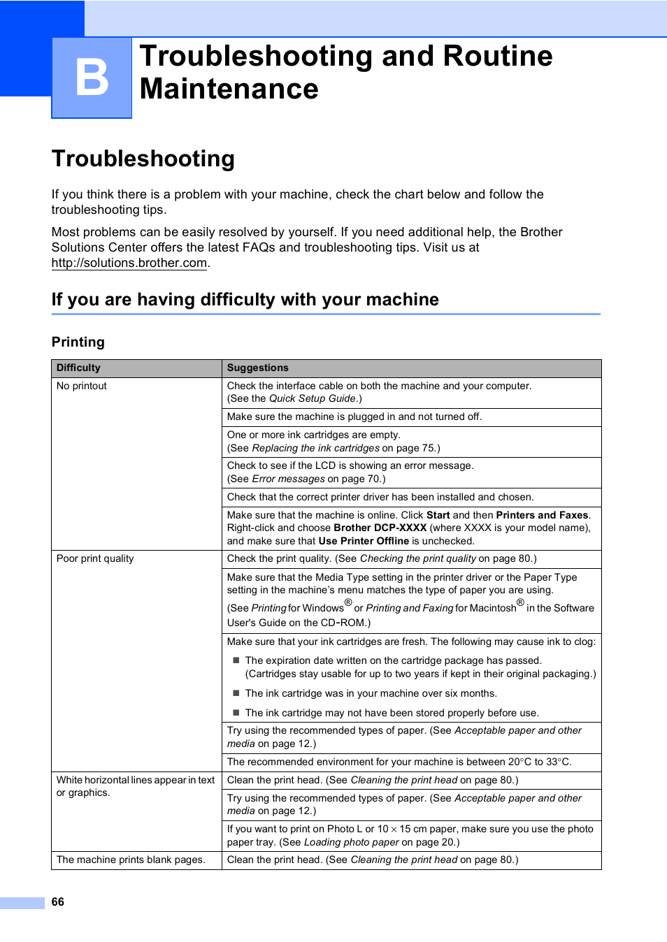 B troubleshooting and routine maintenance, Troubleshooting, If you are having difficulty with your machine | Troubleshooting and routine maintenance | Brother DCP-560CN User Manual | Page 74 / 118