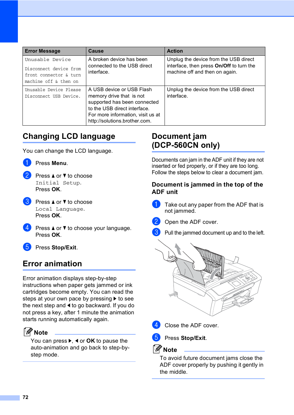 Changing lcd language, Error animation, Document jam (dcp-560cn only) | Document is jammed in the top of the adf unit | Brother DCP-560CN User Manual | Page 80 / 118