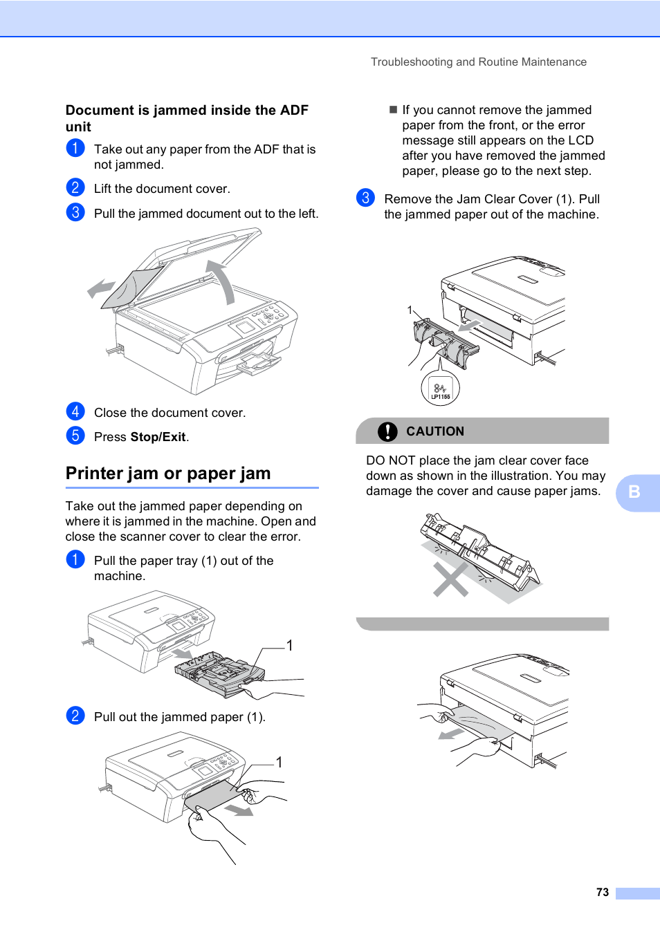 Document is jammed inside the adf unit, Printer jam or paper jam | Brother DCP-560CN User Manual | Page 81 / 118