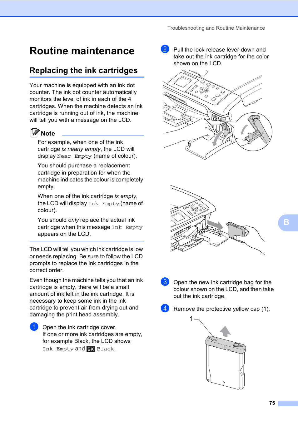 Routine maintenance, Replacing the ink cartridges | Brother DCP-560CN User Manual | Page 83 / 118