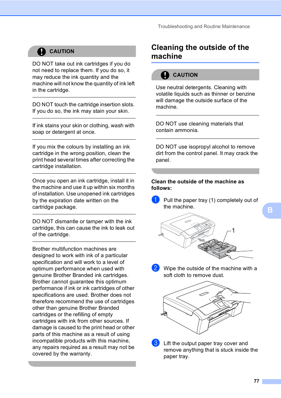 Cleaning the outside of the machine, Caution, Do not use cleaning materials that contain ammonia | Clean the outside of the machine as follows, Troubleshooting and routine maintenance 77 | Brother DCP-560CN User Manual | Page 85 / 118