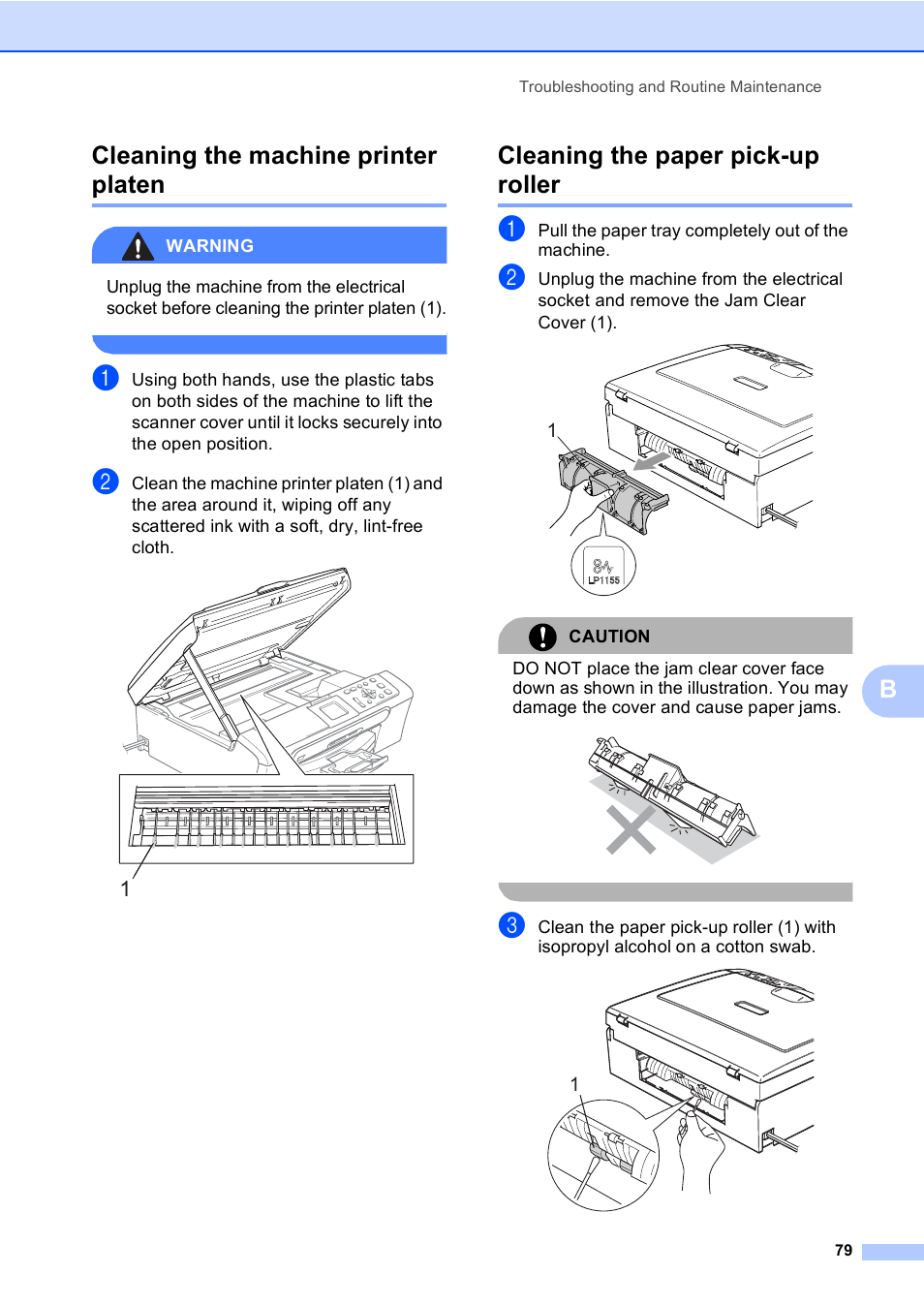 Cleaning the machine printer platen, Cleaning the paper pick-up roller, Bcleaning the machine printer platen | Brother DCP-560CN User Manual | Page 87 / 118