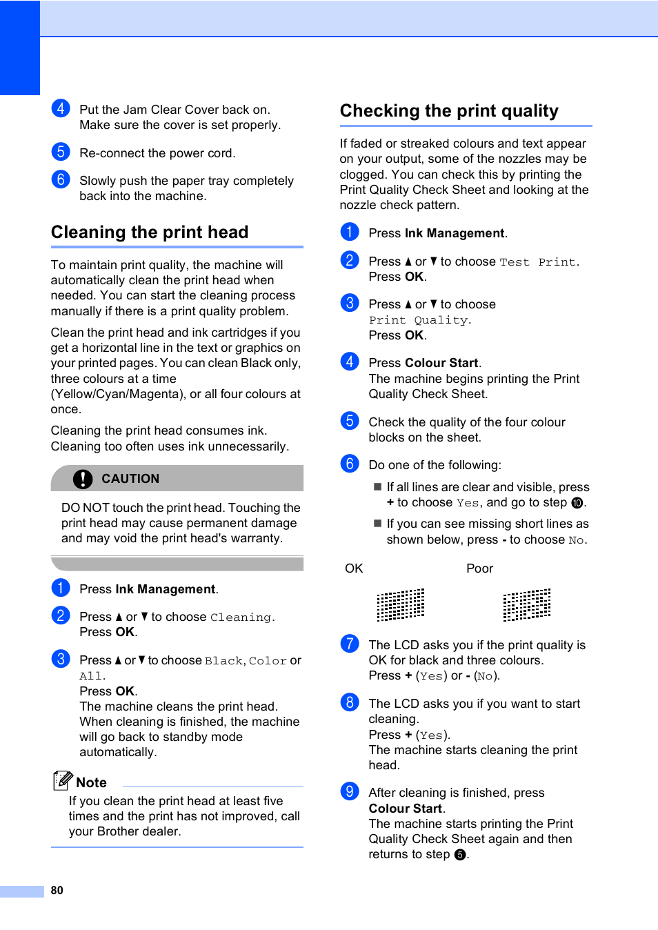 Cleaning the print head, Checking the print quality, Cleaning the print head checking the print quality | Brother DCP-560CN User Manual | Page 88 / 118