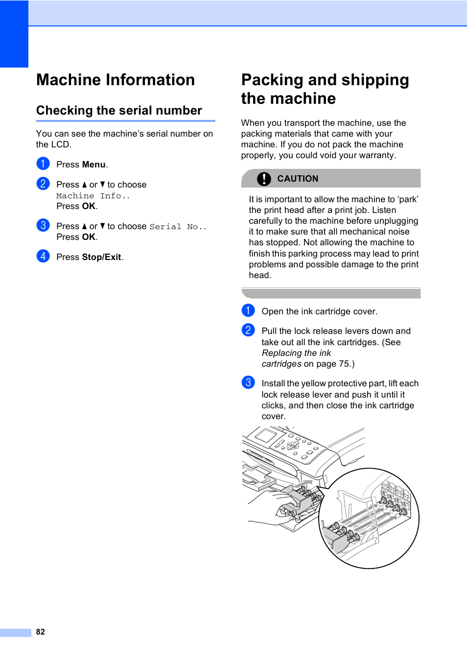 Machine information, Checking the serial number, Packing and shipping the machine | Brother DCP-560CN User Manual | Page 90 / 118