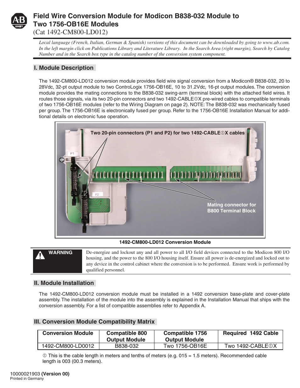 Rockwell Automation 1492-CM800-LD012 Field Wire Conv. Module for Modicon B838-032 to Two 1756-OB16E User Manual | 4 pages