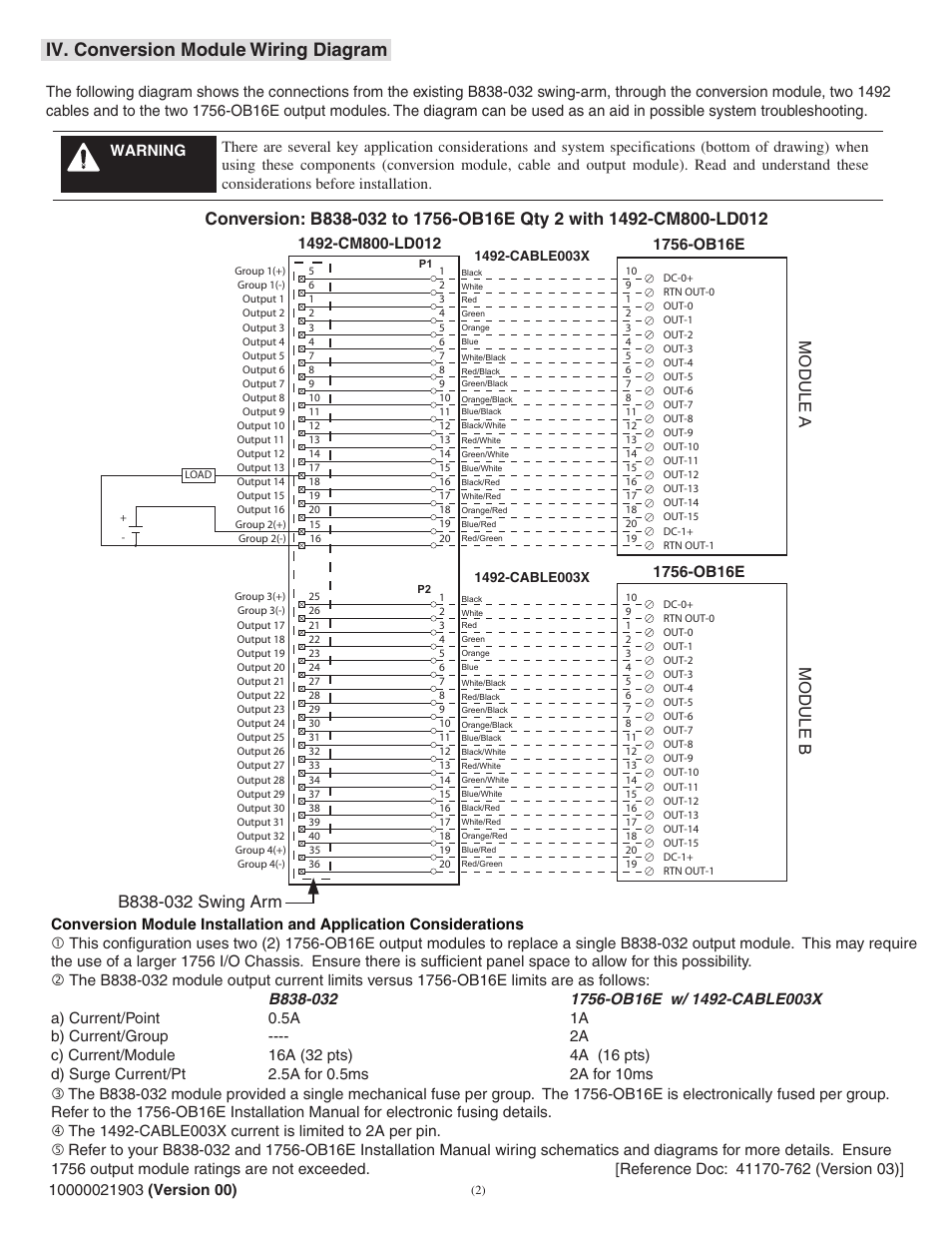 Iv. conversion module wiring diagram, Module a module b | Rockwell Automation 1492-CM800-LD012 Field Wire Conv. Module for Modicon B838-032 to Two 1756-OB16E User Manual | Page 2 / 4