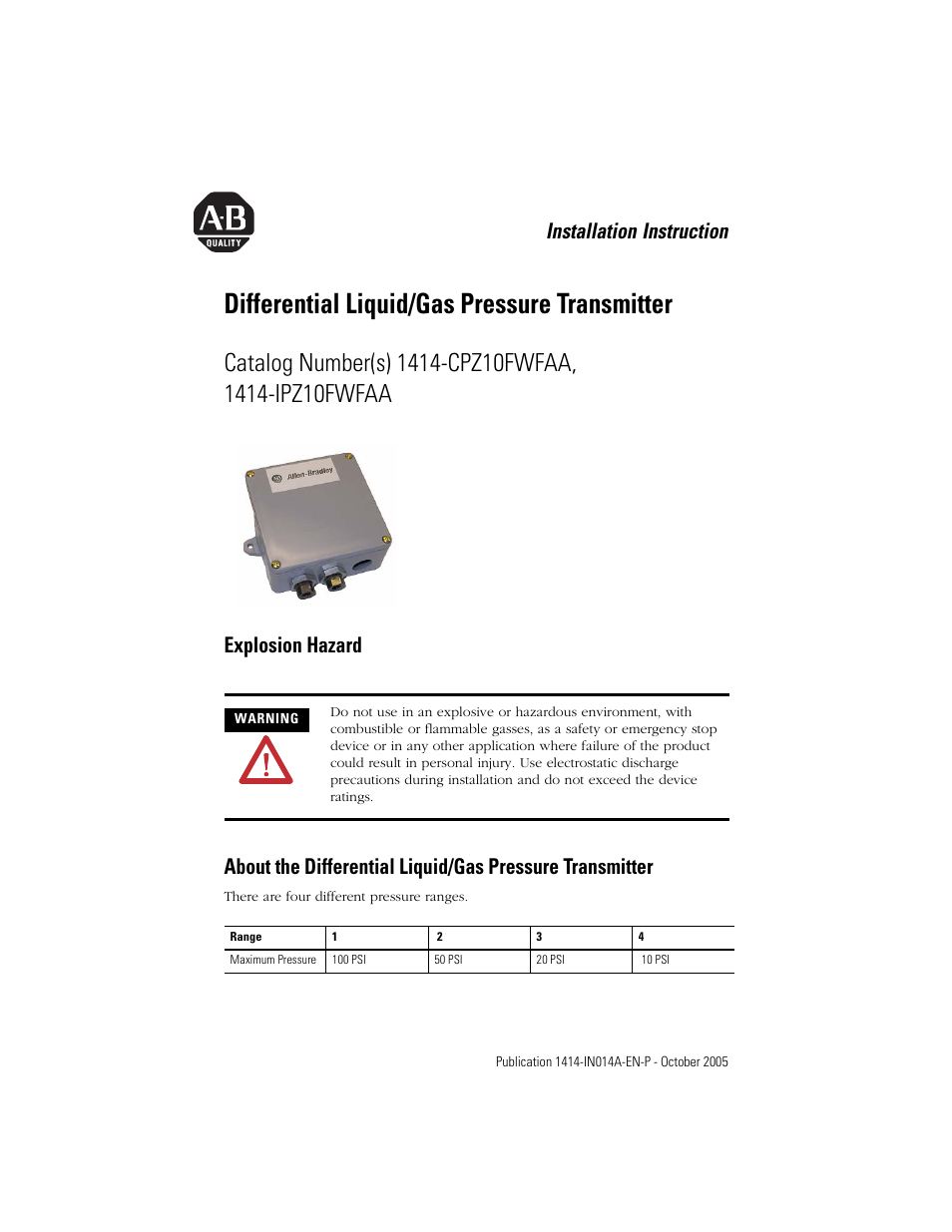 Rockwell Automation 1414-CPZxxxxx_IPZxxxxx Differential Liquid/Gas Pressure Transmitter User Manual | 8 pages