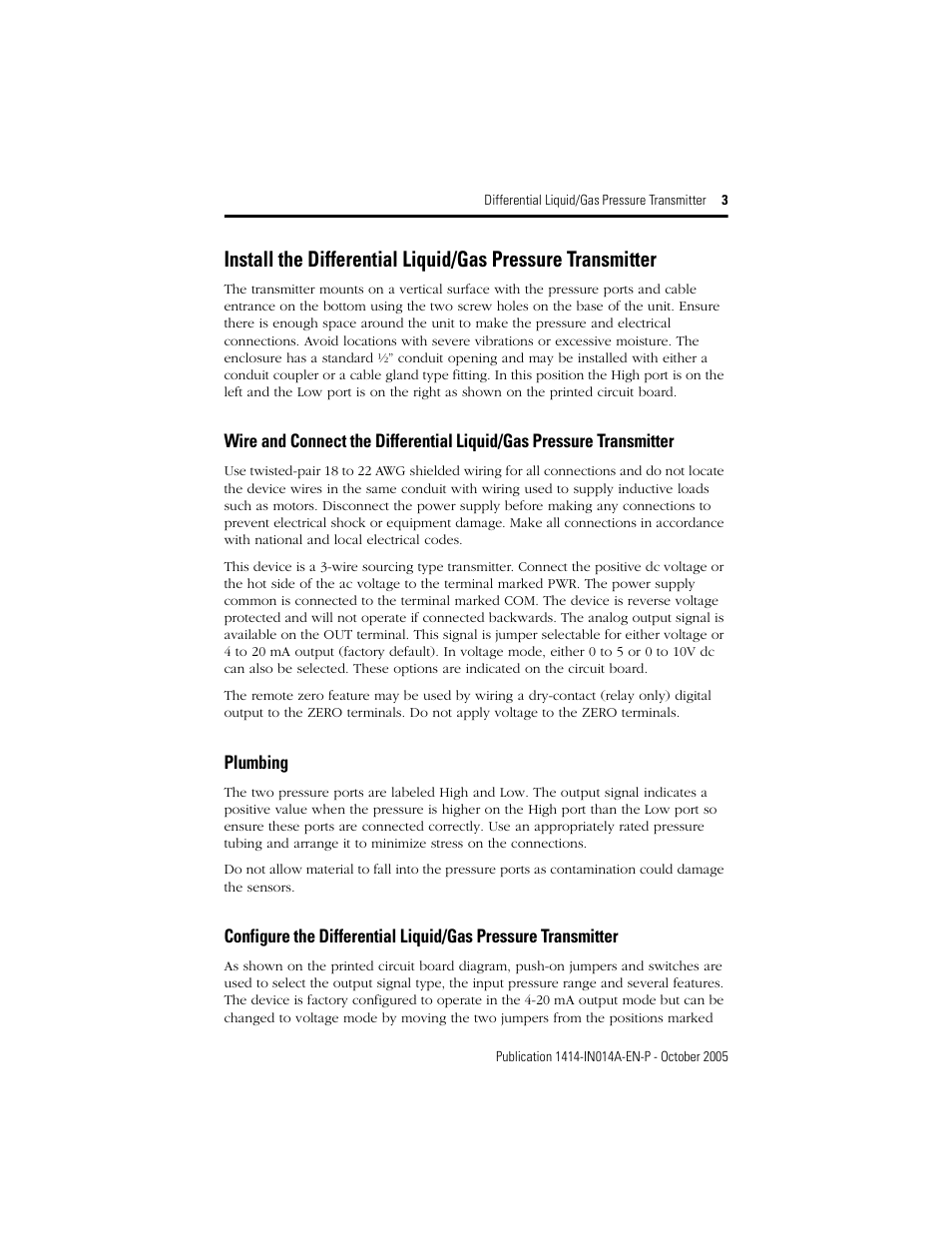 Plumbing | Rockwell Automation 1414-CPZxxxxx_IPZxxxxx Differential Liquid/Gas Pressure Transmitter User Manual | Page 3 / 8