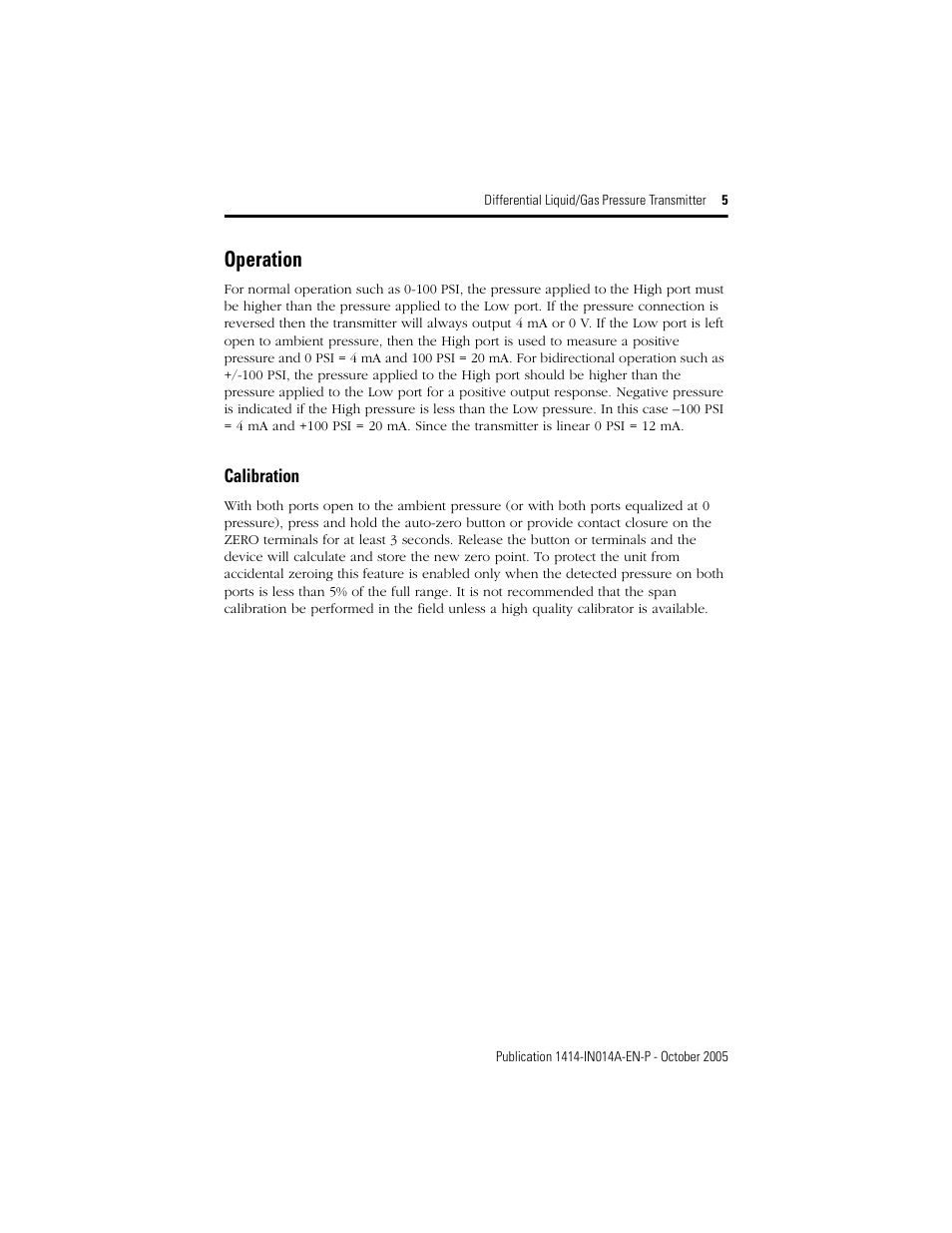 Operation, Calibration | Rockwell Automation 1414-CPZxxxxx_IPZxxxxx Differential Liquid/Gas Pressure Transmitter User Manual | Page 5 / 8
